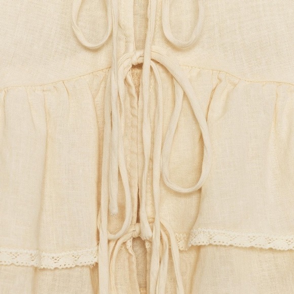 Zara Pale Yellow Ruffled Linen Blend Tie Front Lace Trim Camisole Top - Picture 8 of 10